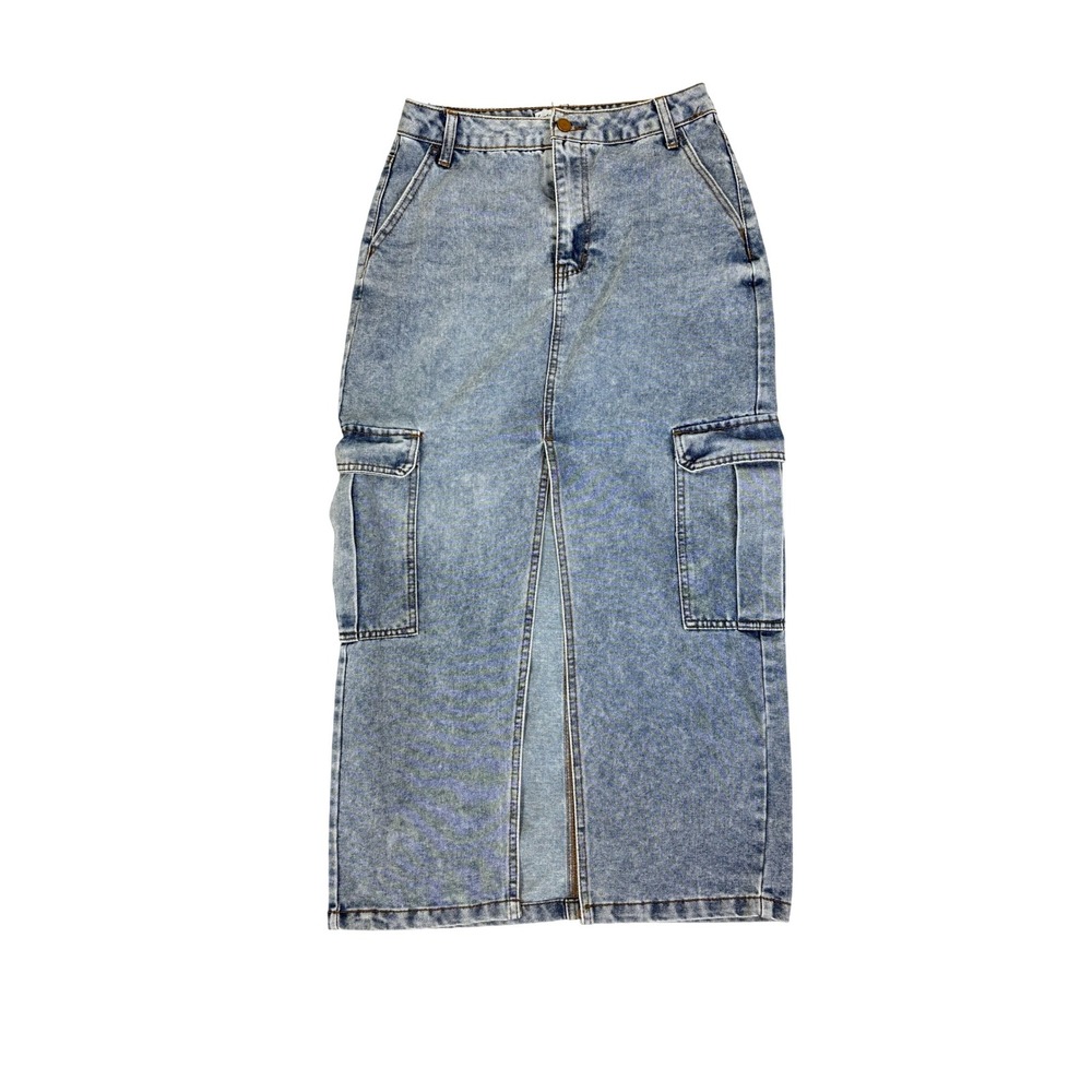 Light Wash Front Slit Cargo Denim Maxi Skirt Women Size 7 Y2K Grunge Streetwear
